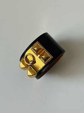 Hermes Collier De Chien Black Leather Gold Bracelet